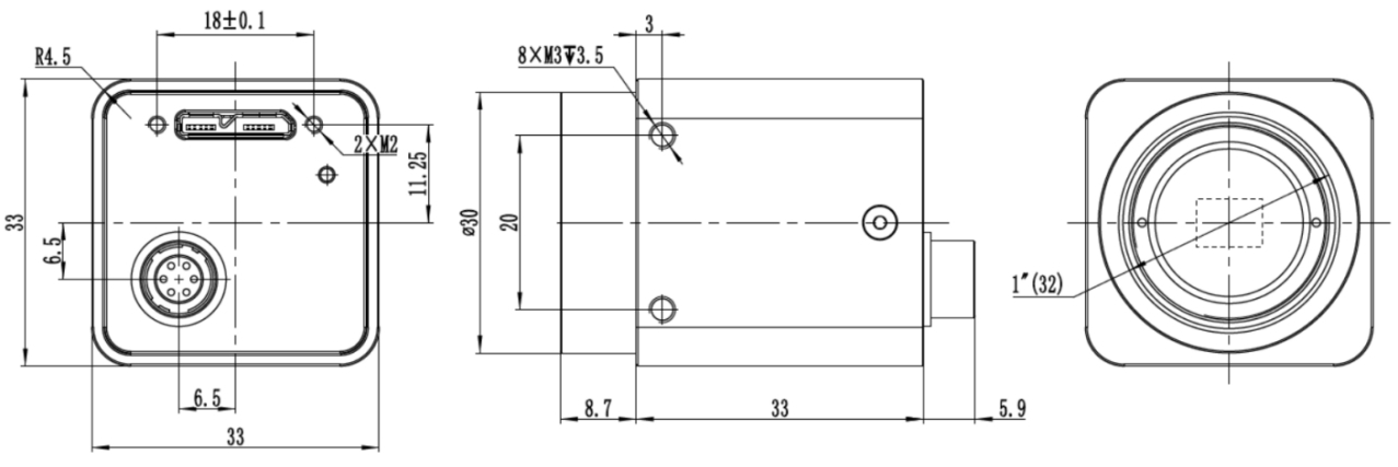 I3CMOS Abmessungen der Kamera